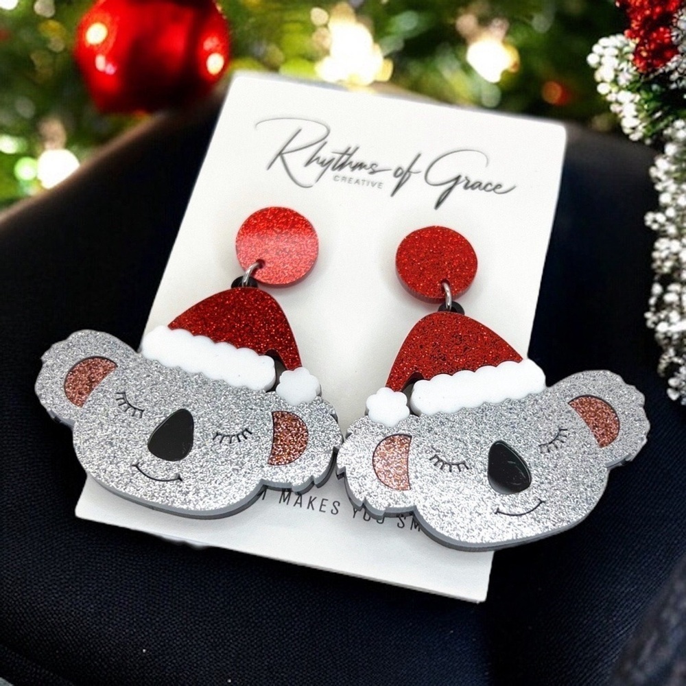 Adorable NWT Koala Santa Earrings, Handmade Christmas Jewelry, Holiday Accessory
